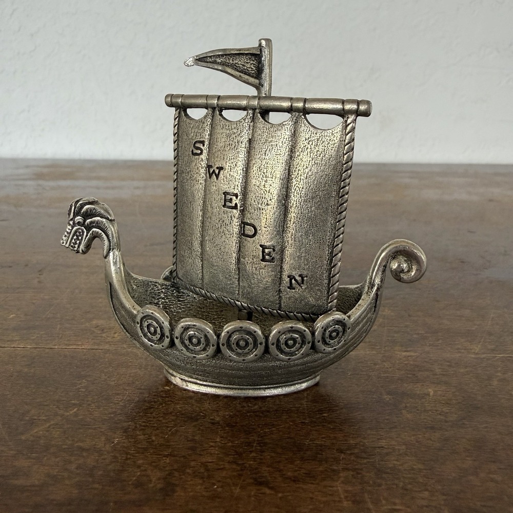 Vintage Swedish Viking Longship Pewter Figurine S W E D E N Decor